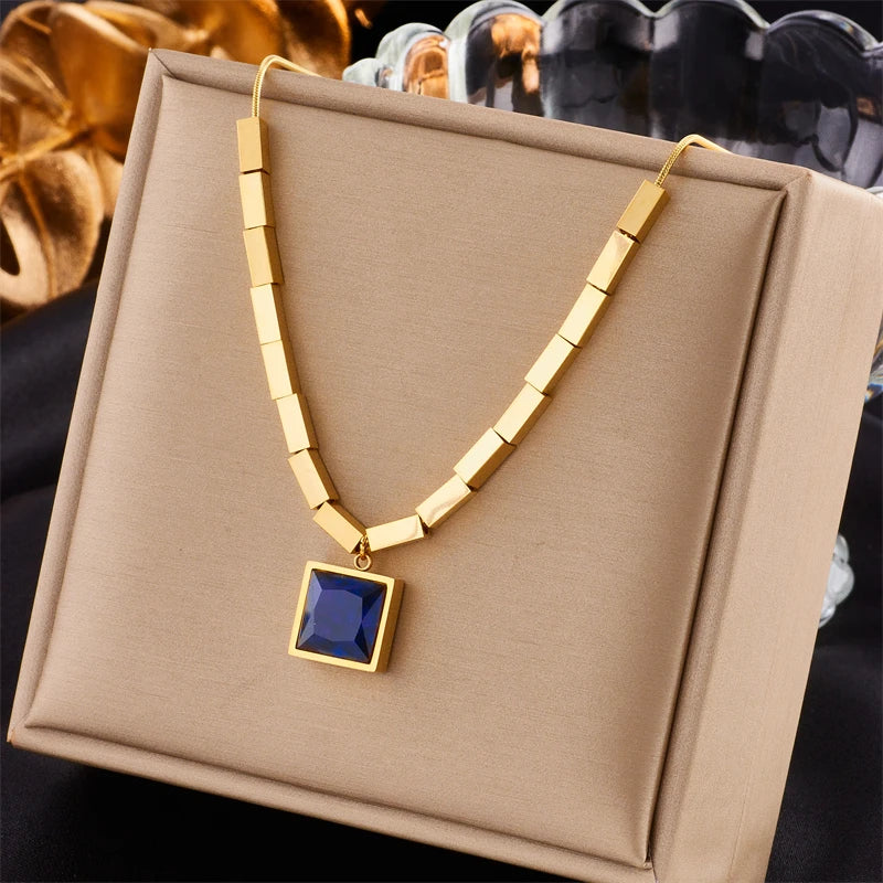 Stainless Steel Blue Zircon Square Pendant Necklace