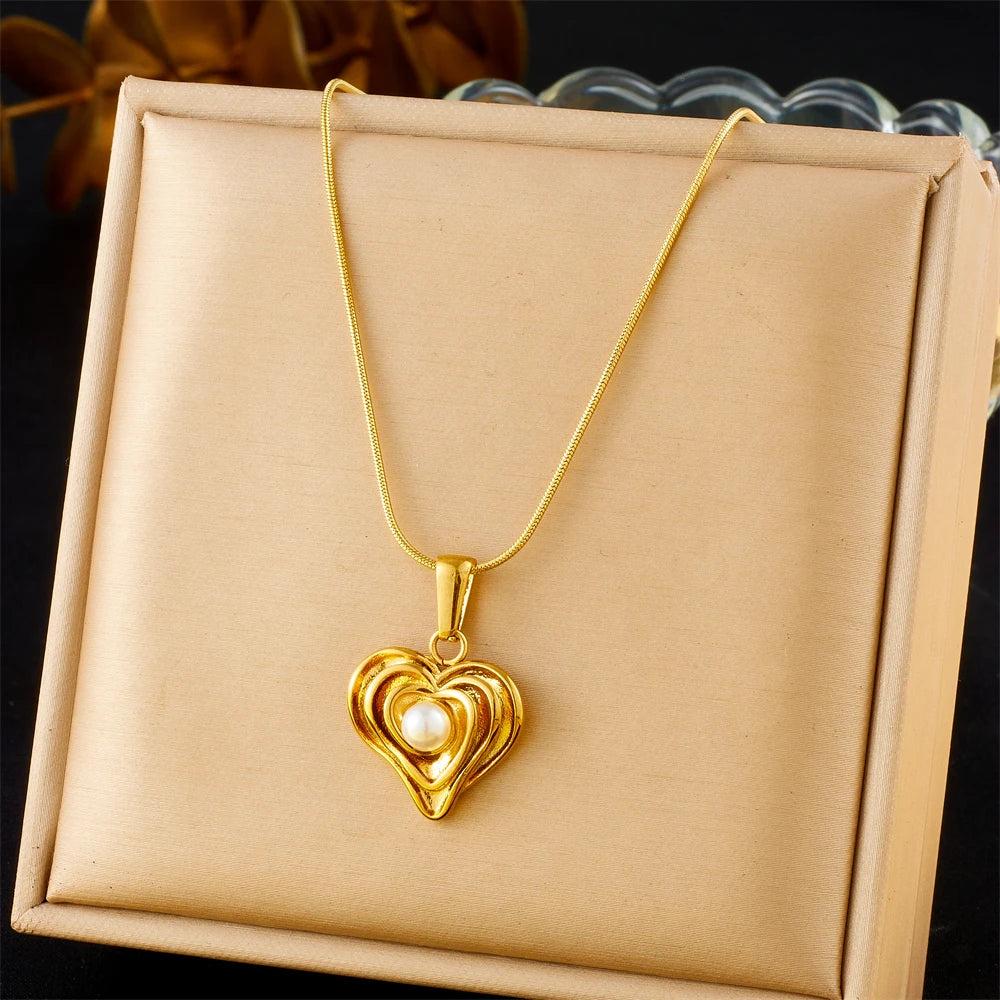 Golden Sun & Pearl Pendant Necklace – Irregular Geometric 316L Stainless Steel