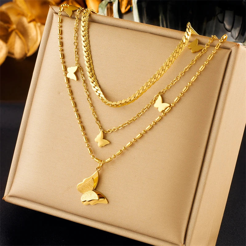 Stainless Steel Gold Multilayer Butterfly Necklace – 3-in-1