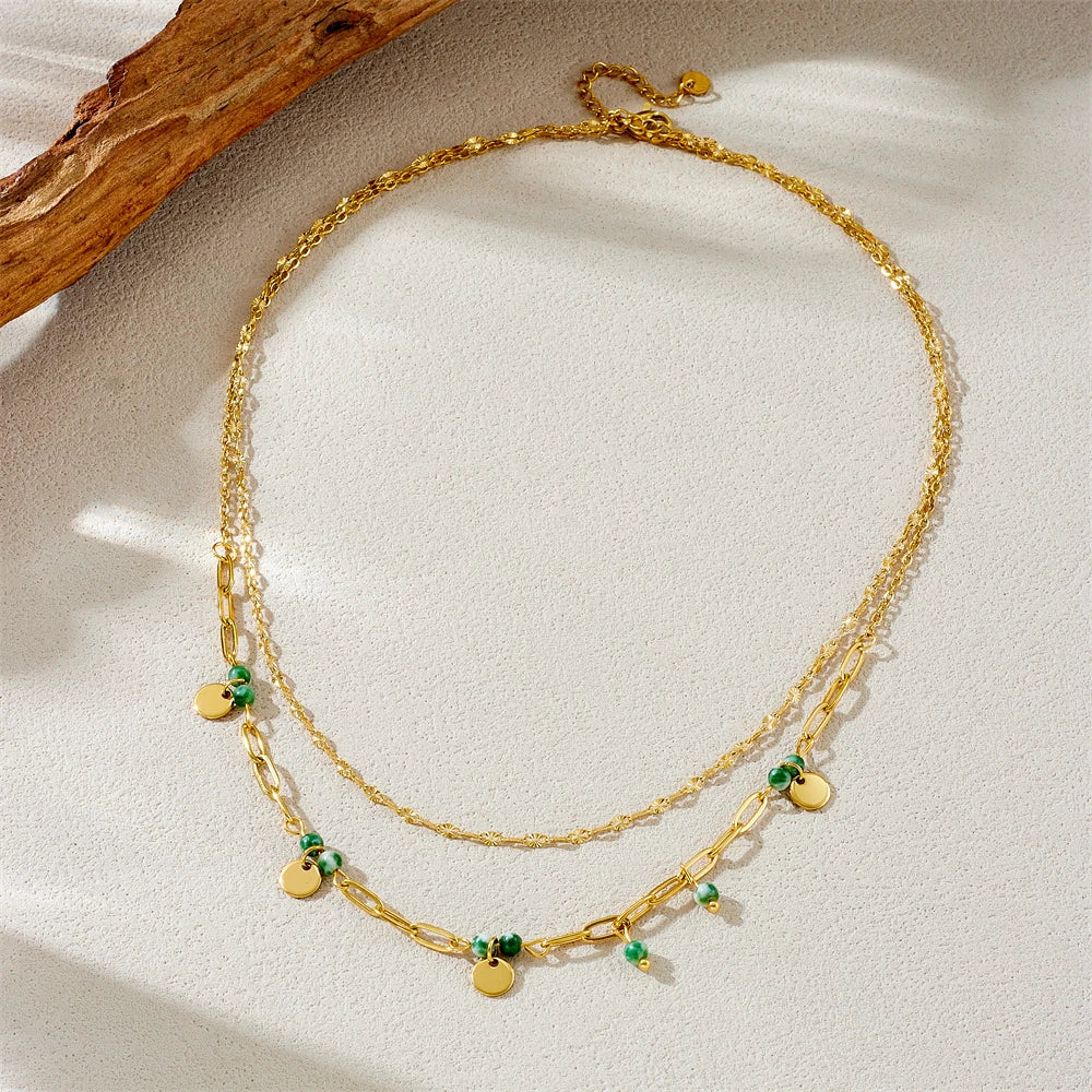 Green Stone Double Layer Necklace – 316L Stainless Steel