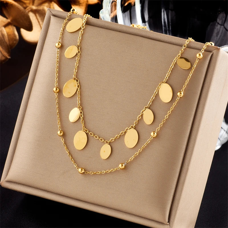 Gold Oval Pendant Necklace – 2-in-1 Layered 316L Stainless Steel