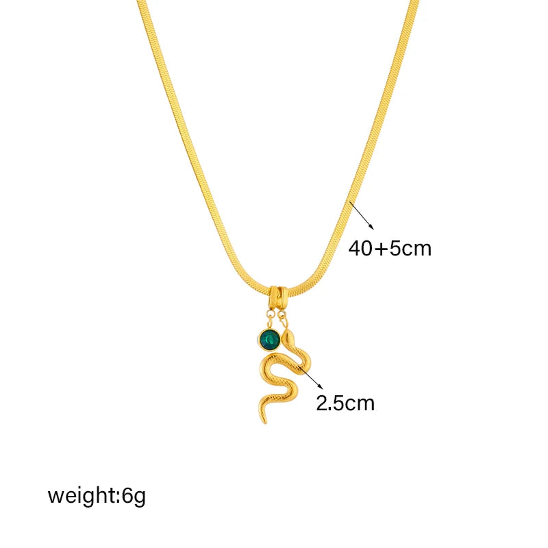 Stainless Steel Green Crystal Snake Pendant Necklace