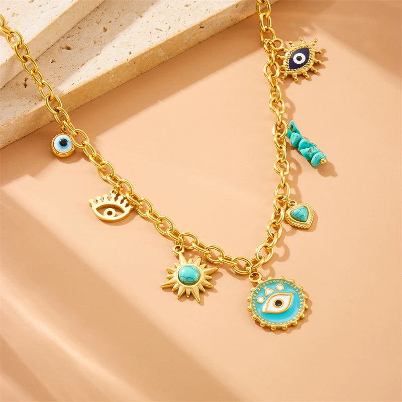 Stainless Steel Turquoise Evil Eye Round Pendant Necklace