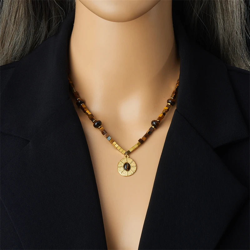 Stainless Steel Tiger Eye Square Pendant Necklace