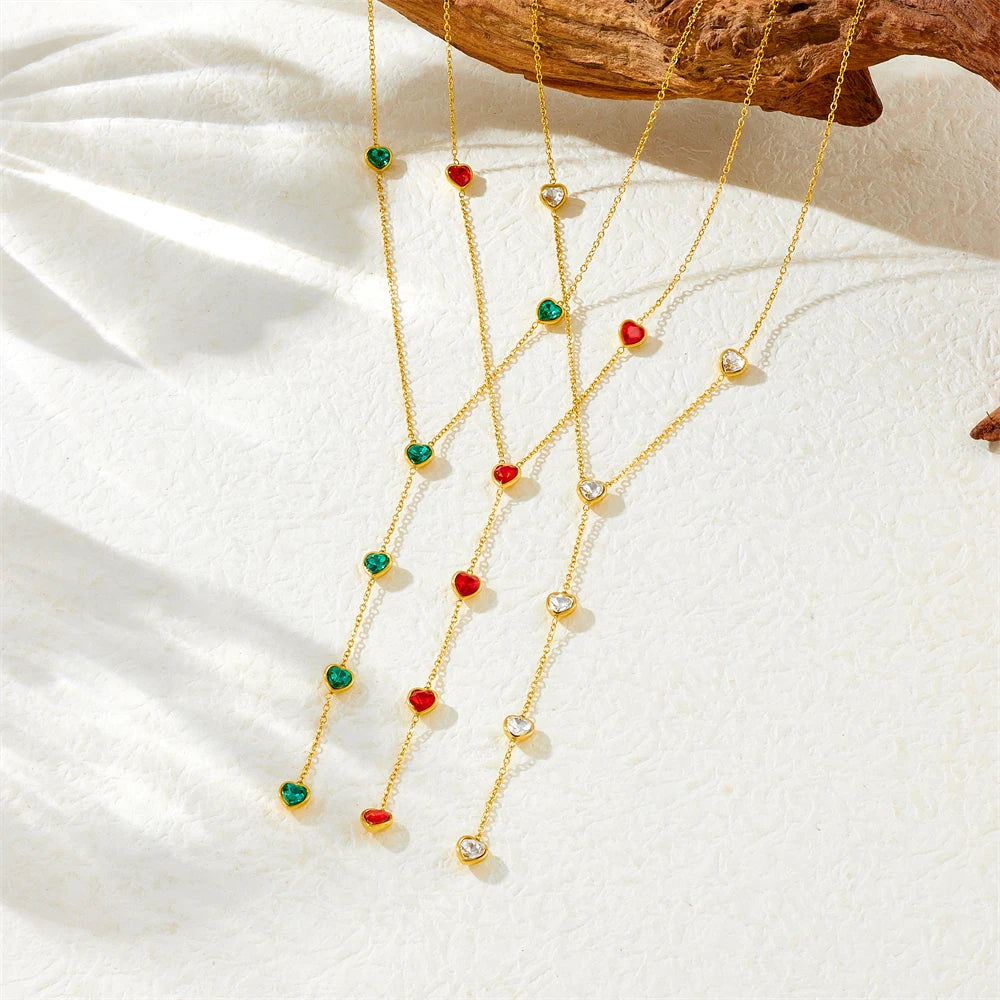 316L Stainless Steel Colorful Heart Zircon Fringe Necklace