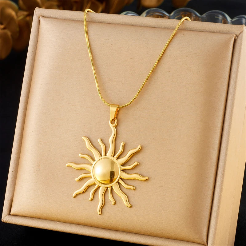 Golden Sun & Pearl Pendant Necklace – Irregular Geometric 316L Stainless Steel