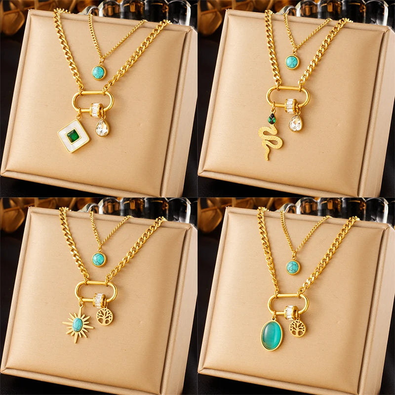 Gold-Plated Snake Square Pendant – Waterproof 316L Stainless Steel Necklace
