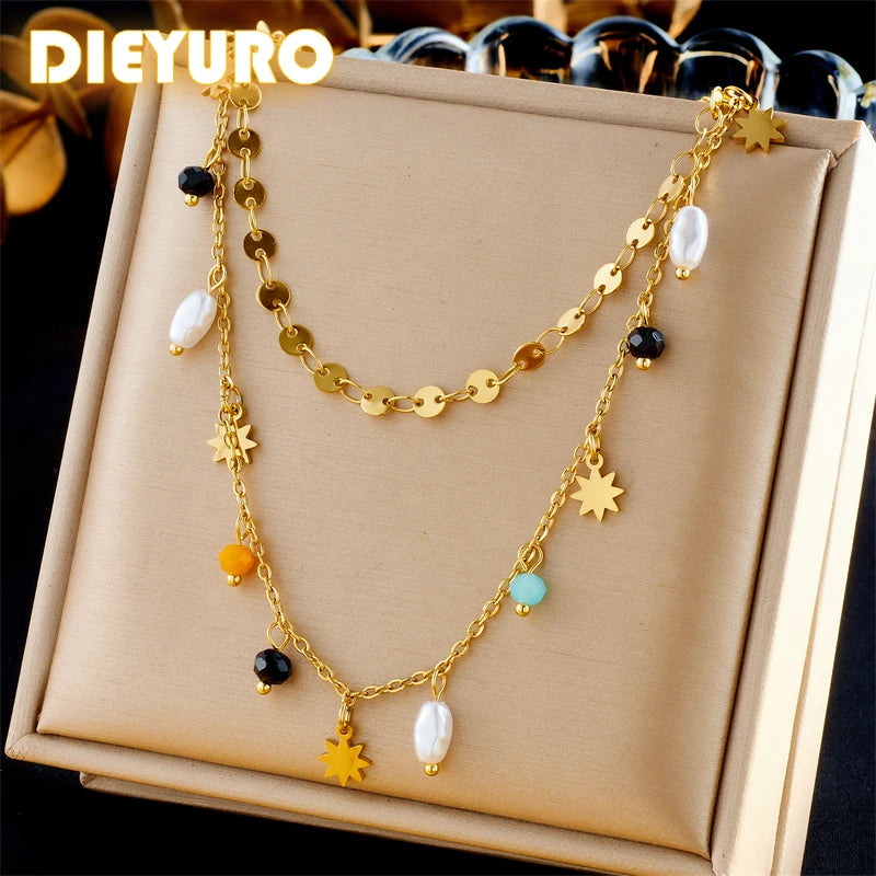 Gold Star & Pearl Pendant Necklace – 316L Stainless Steel Geometric Jewelry