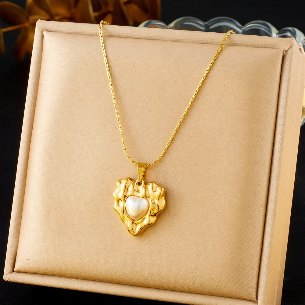 Golden Sun & Pearl Pendant Necklace – Irregular Geometric 316L Stainless Steel