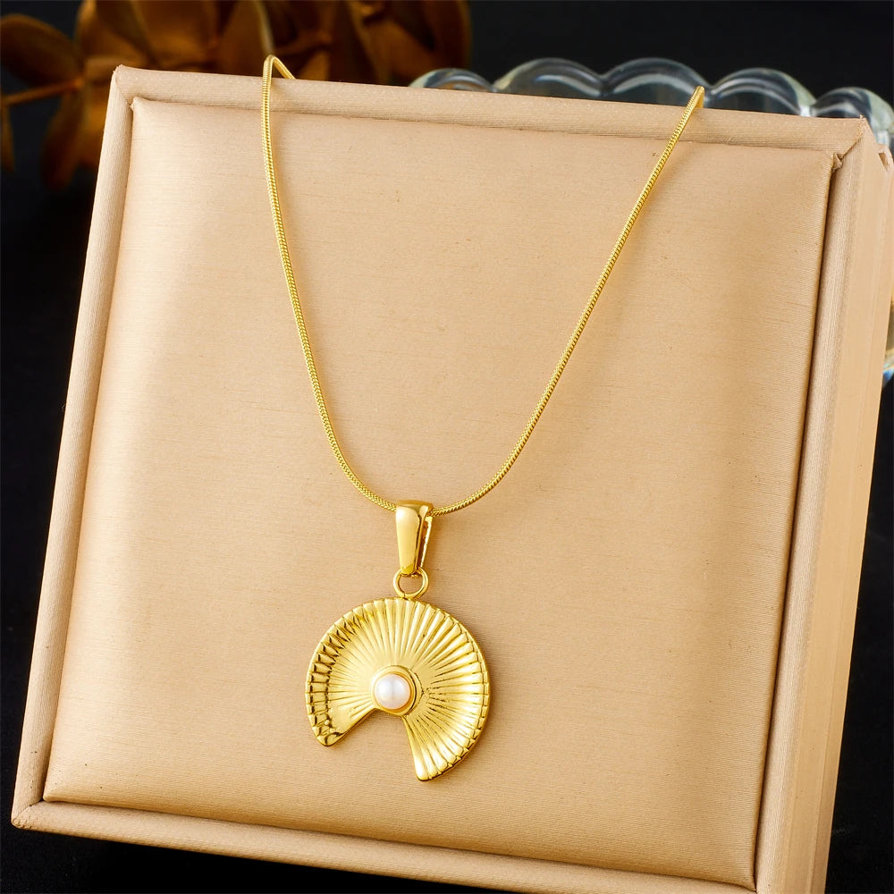 Golden Sun & Pearl Pendant Necklace – Irregular Geometric 316L Stainless Steel
