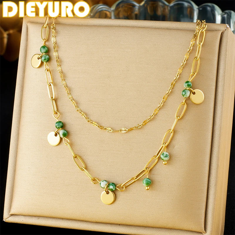 Green Stone Double Layer Necklace – 316L Stainless Steel