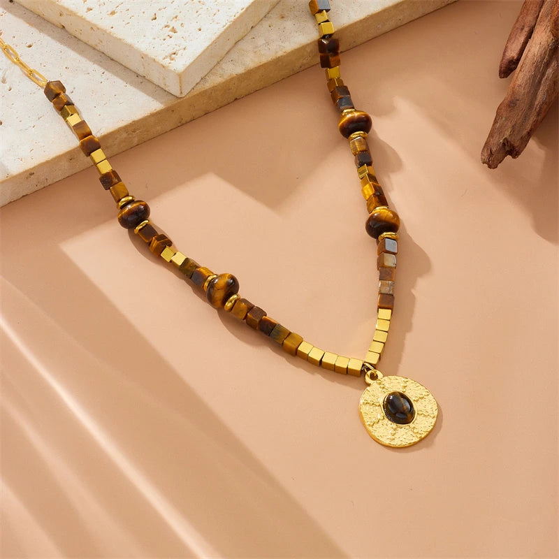 Stainless Steel Tiger Eye Square Pendant Necklace