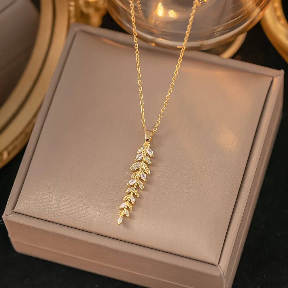 Gold Stainless Steel Leaf & Zircon Pendant Necklace