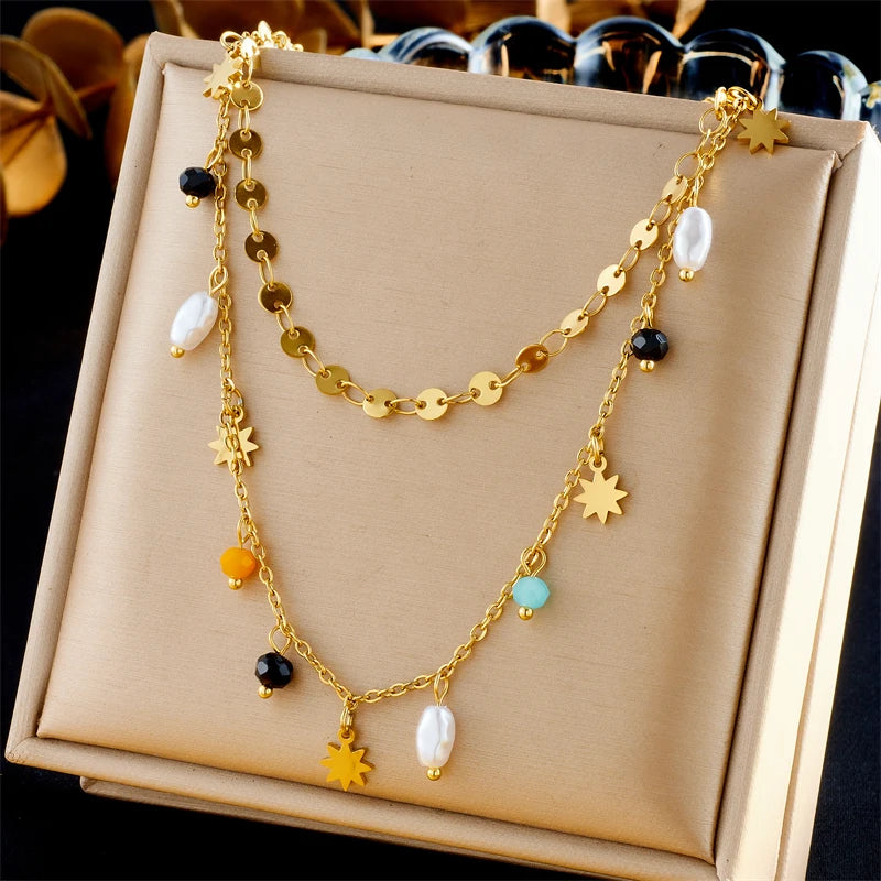 Gold Star & Pearl Pendant Necklace – 316L Stainless Steel Geometric Jewelry