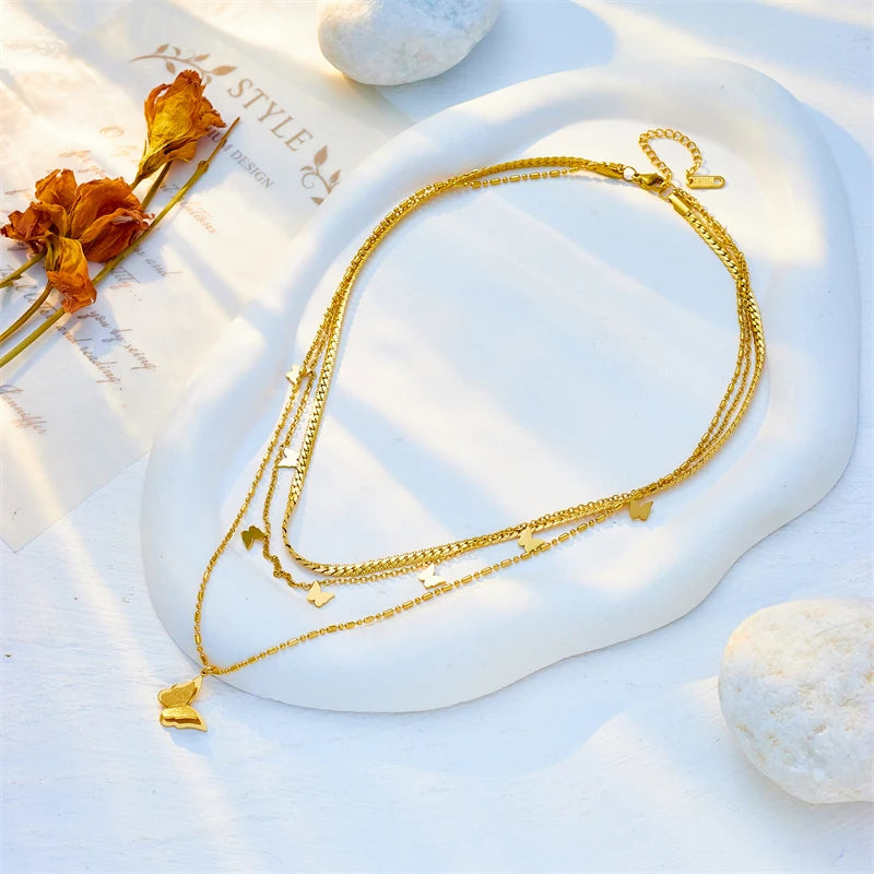 Stainless Steel Gold Multilayer Butterfly Necklace – 3-in-1