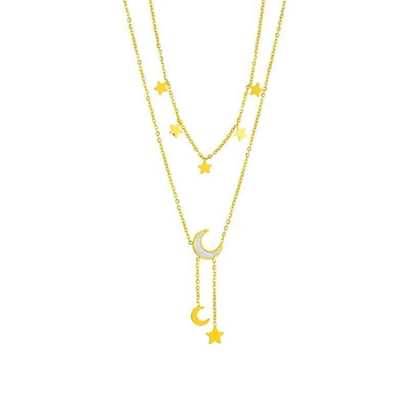Stainless Steel Star & Moon Pendant Layered Necklace