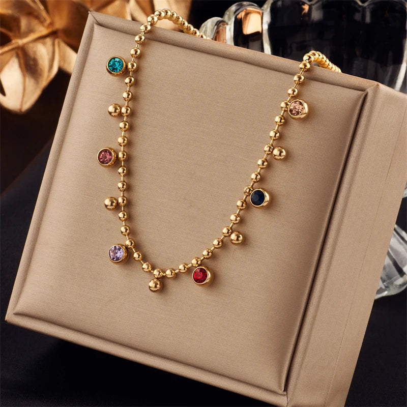 Stainless Steel Snake Necklace with Green Stone & Pearl