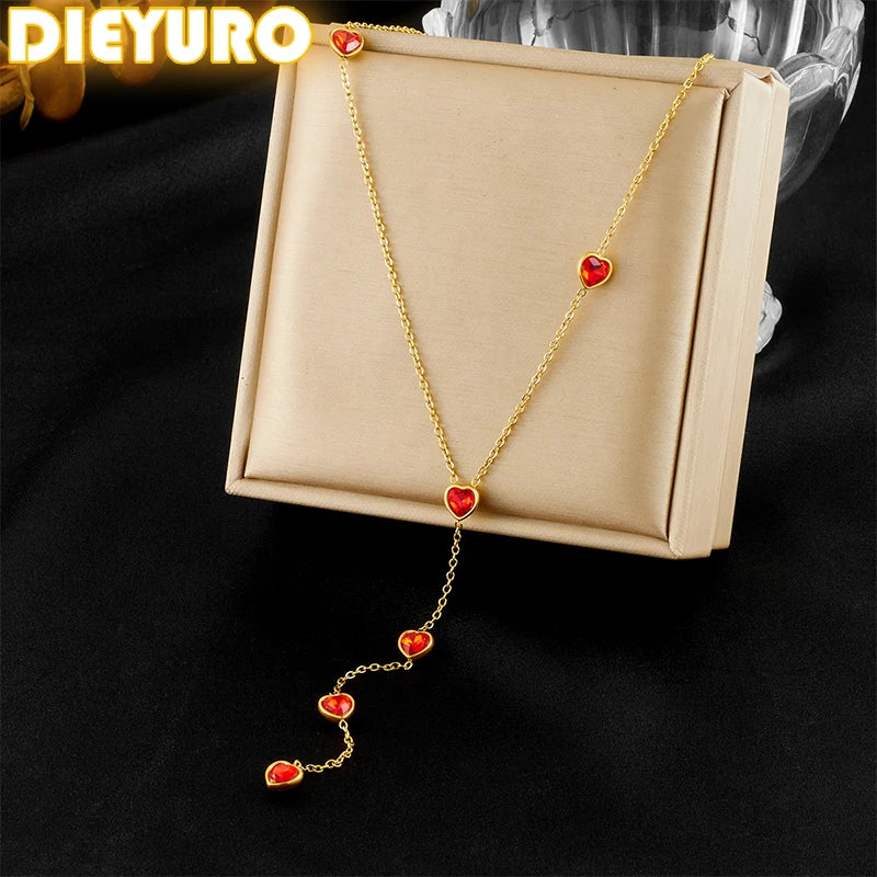 316L Stainless Steel Colorful Heart Zircon Fringe Necklace