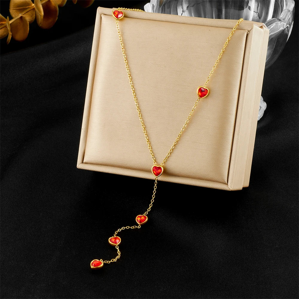 316L Stainless Steel Colorful Heart Zircon Fringe Necklace