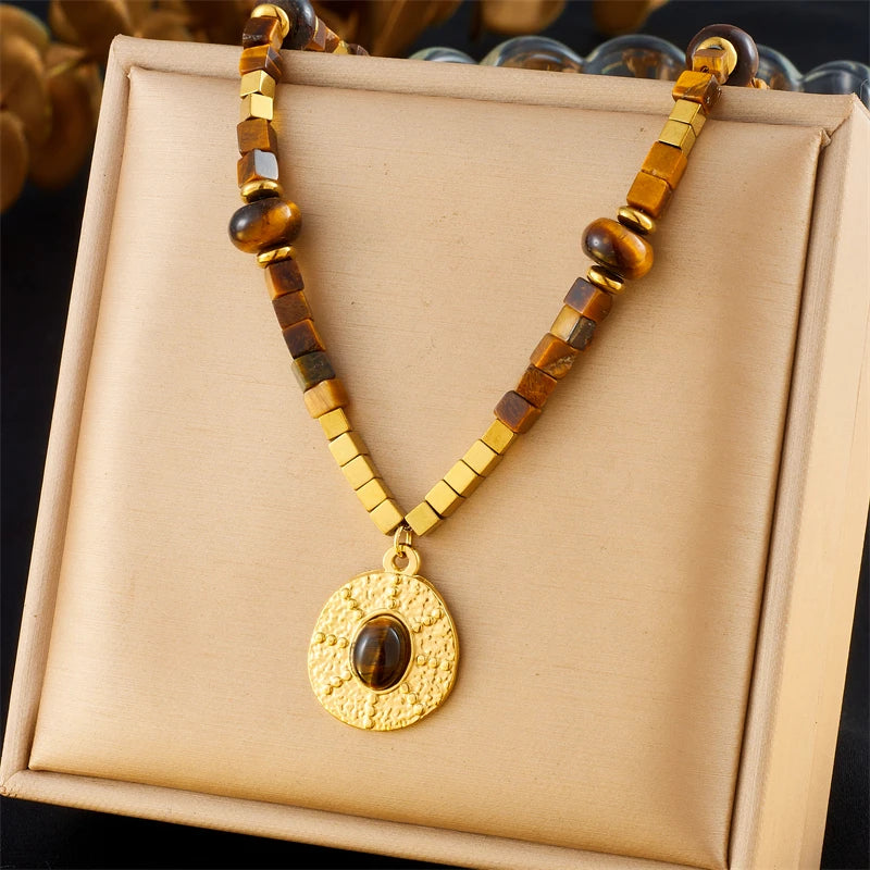 Stainless Steel Tiger Eye Square Pendant Necklace